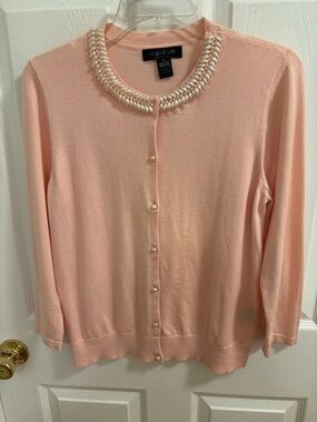 August Silk heritage label blush pink beaded collar cardigan.